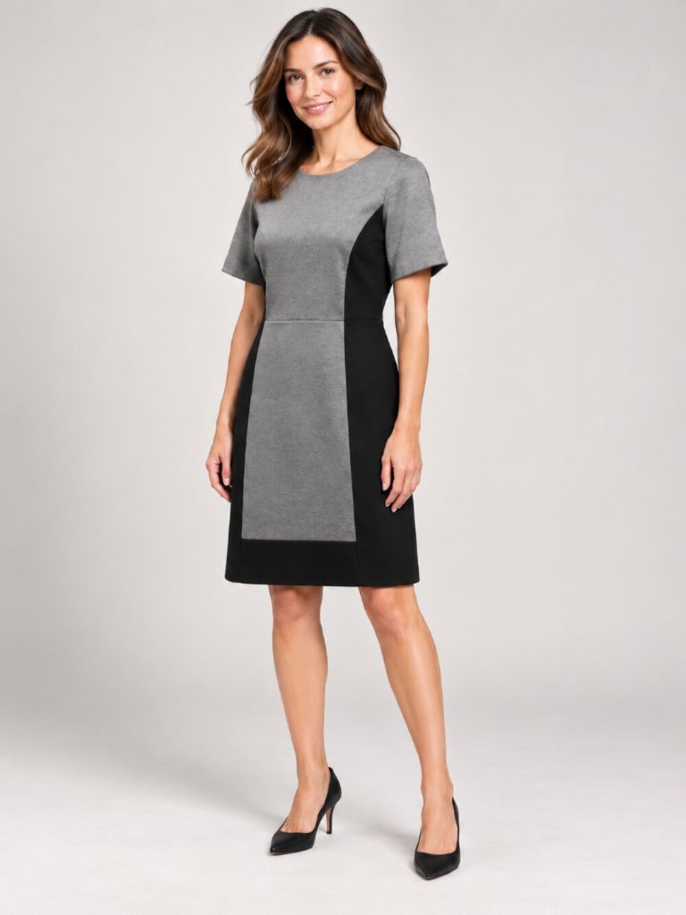 LOFT Petites 6P Gray Black Colorblock Sheath Fall Dress Short Sleeve Workwear